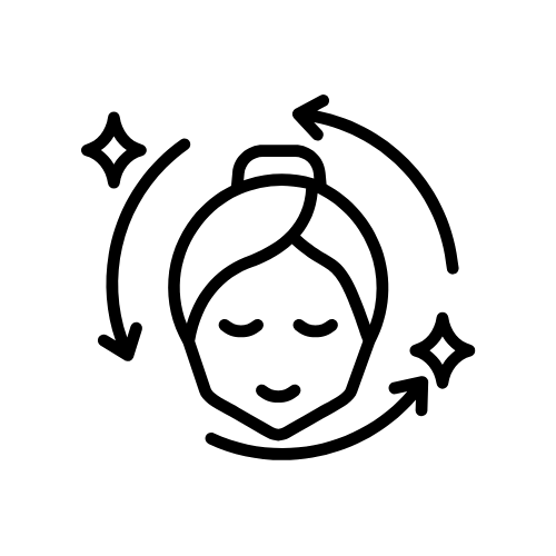 Minimal icon of a face with sparkles, symbolizing clear, irritation-free skin without dryness or purging
