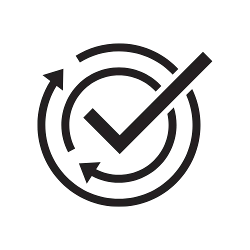 Circular arrow with check mark icon symbolizing simplified skincare routine with faster results.