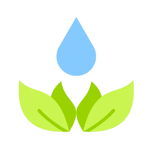 Icon of a blue water drop above two green leaves representing natural skincare and hydration